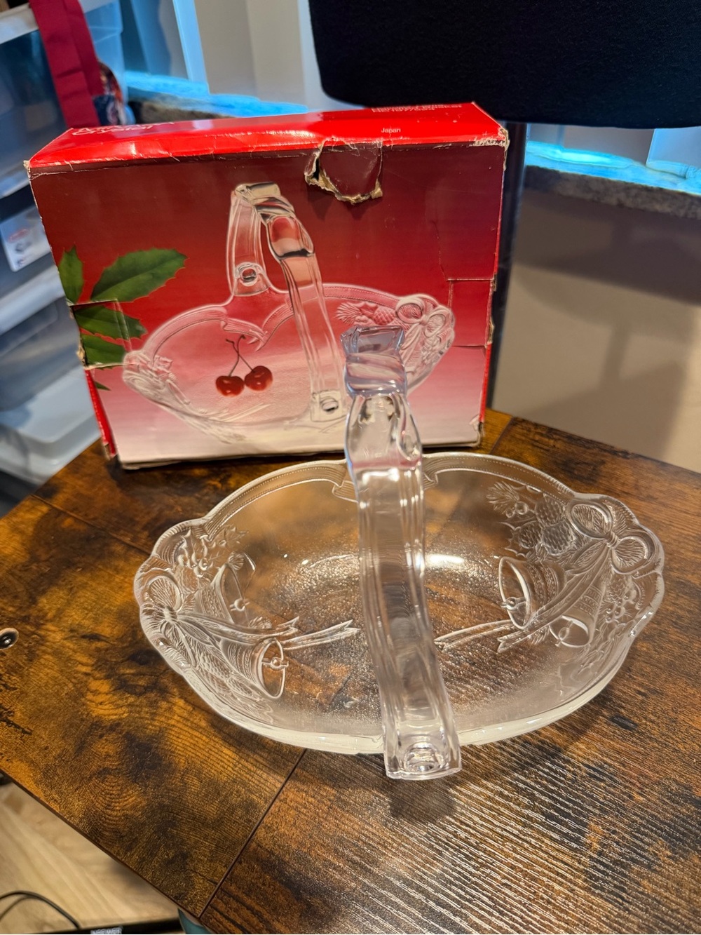 Mikasa Crystal Holidays Bells Handled Basket Glass Holiday RC197/524 Vintage